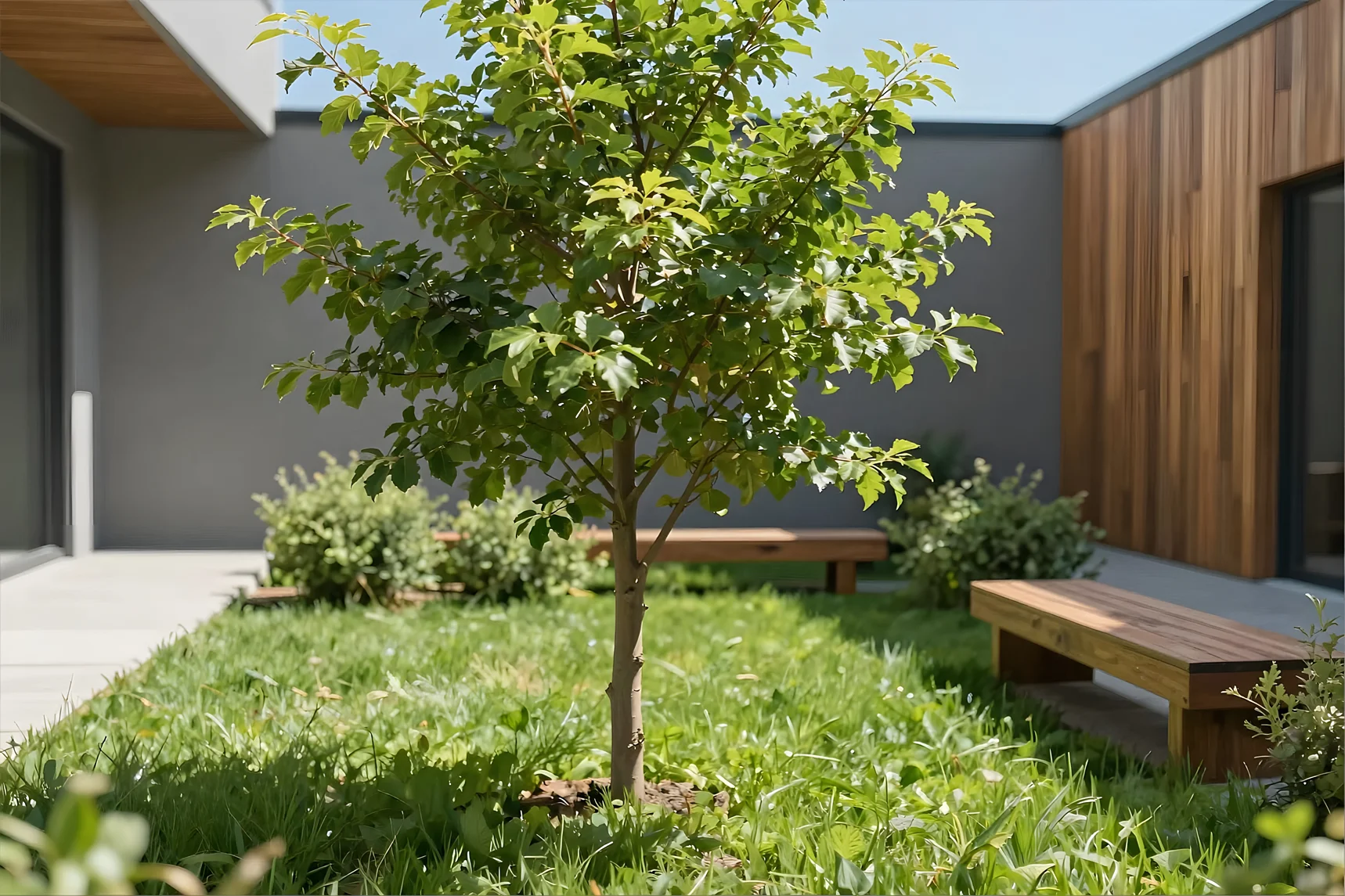 a small tree is sitting in a small yard photo